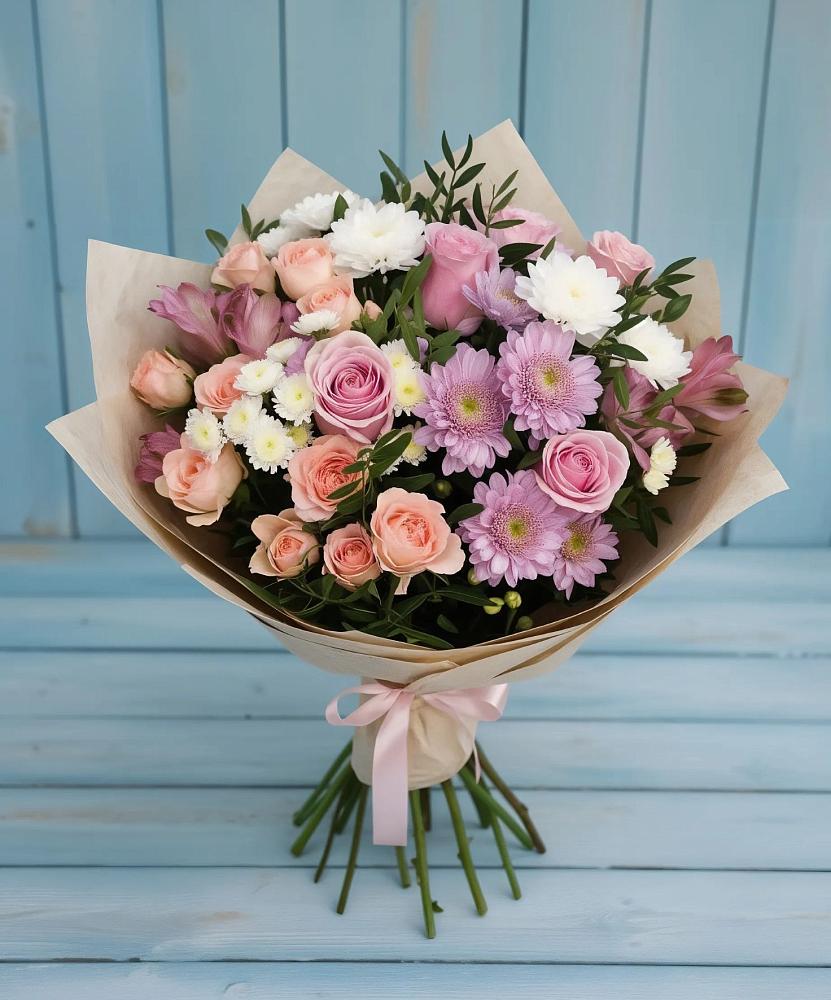 Букет цветов из: Хризантемы, Розы и Альстромерии в Бутиково