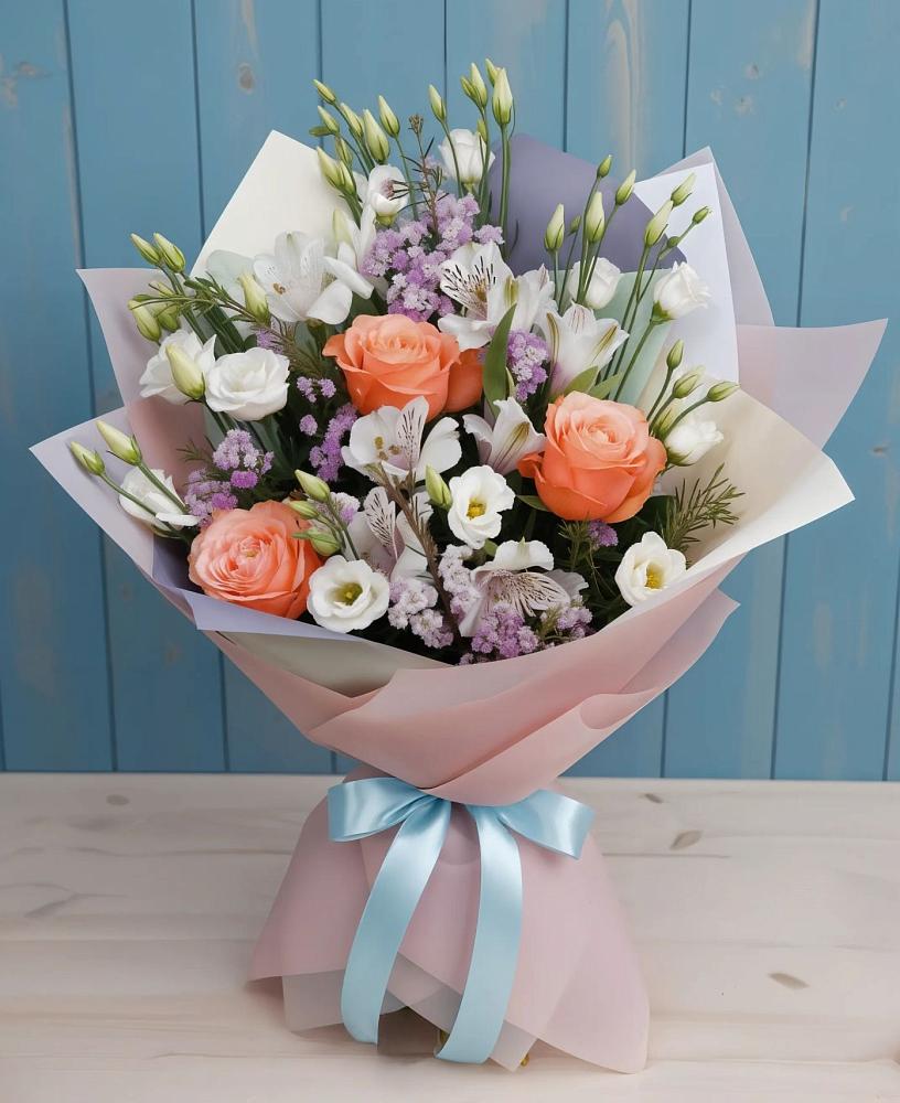 Букет цветов из: Лизиантусы, Розы, Альстромерии и Гипсофила в Бутиково