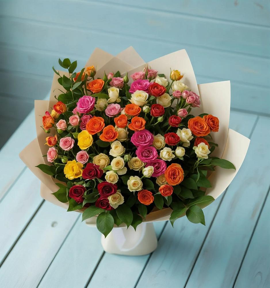 Букет Микс из разноцветных кустовых роз в Бутиково