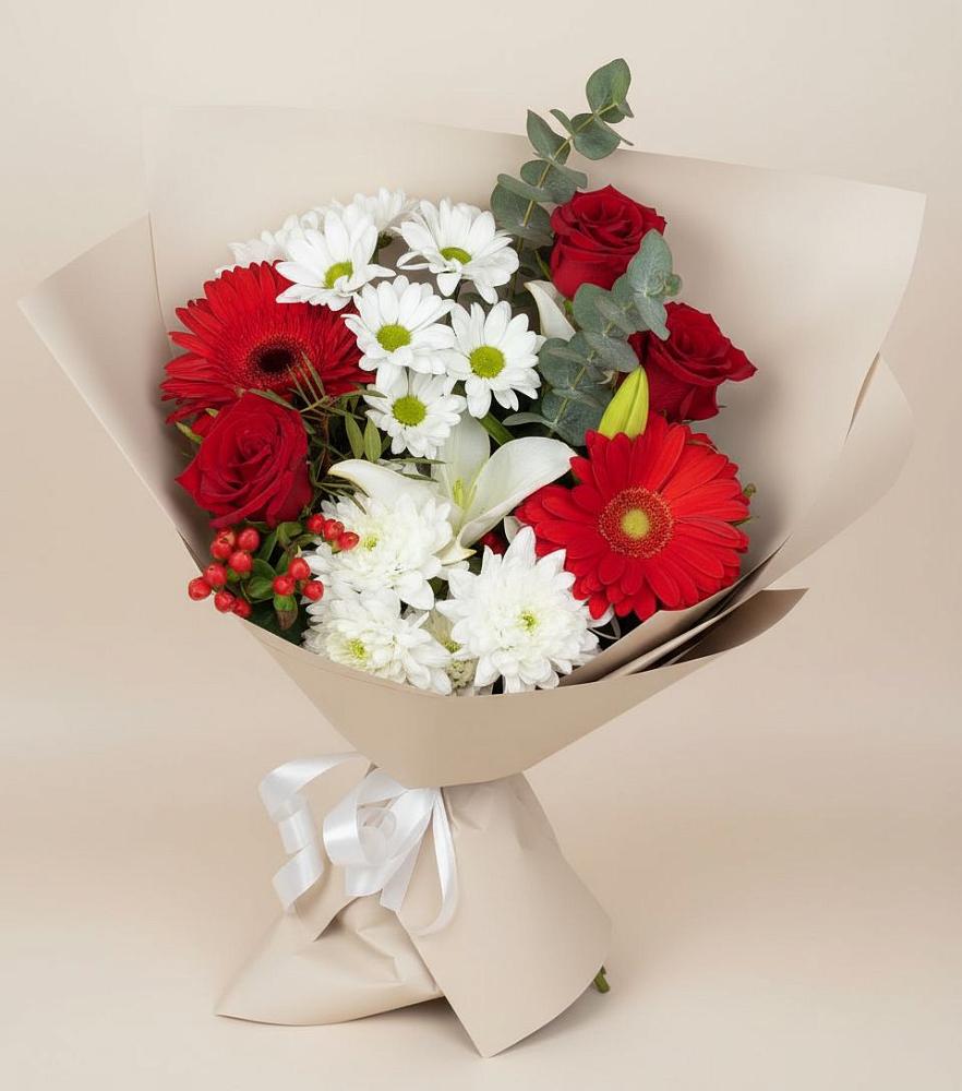 Букет цветов из: Розы, Хризантемы, Герберы и Лилии в Бутиково