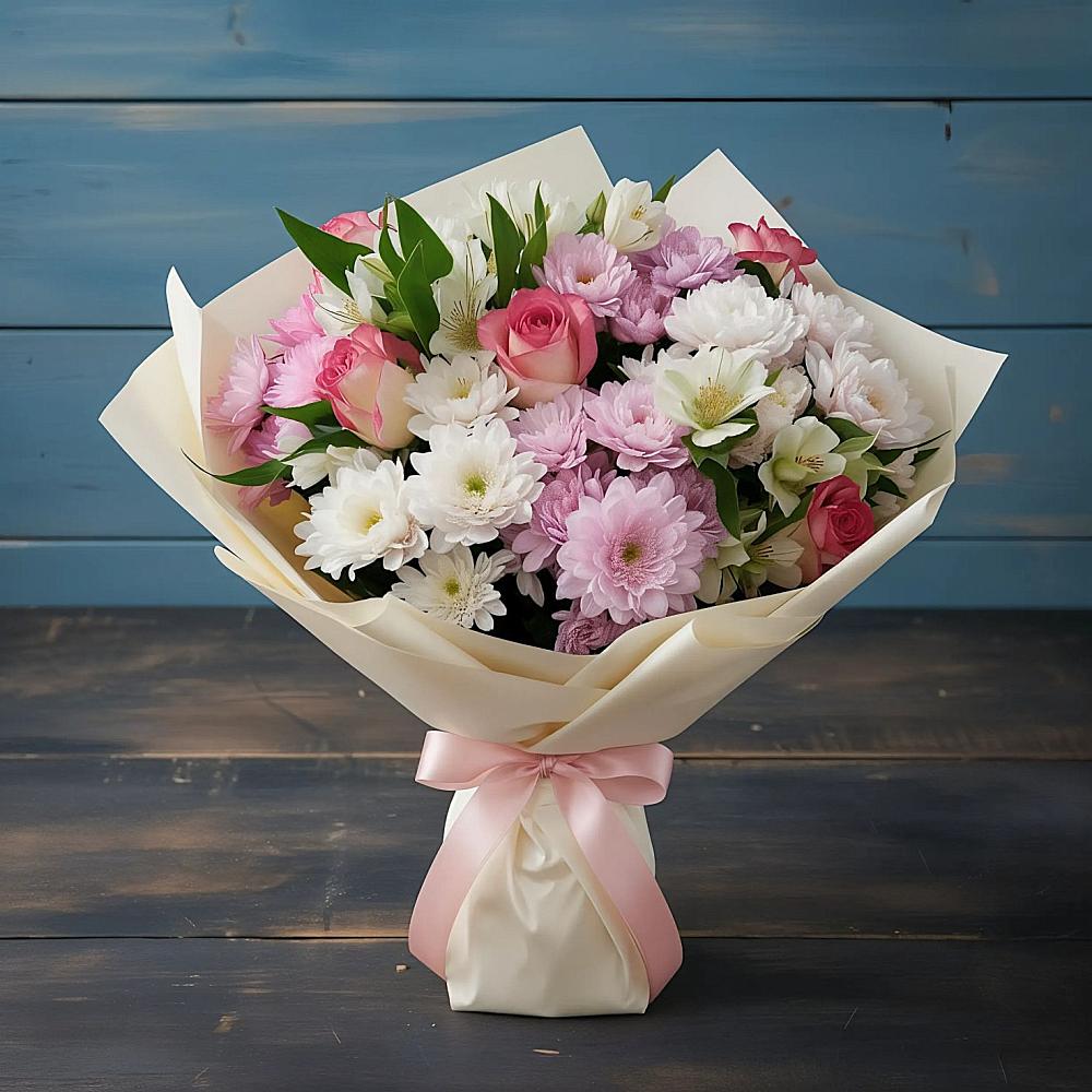 Букет цветов из: Хризантемы, Альстромерии и Розы в Бутиково